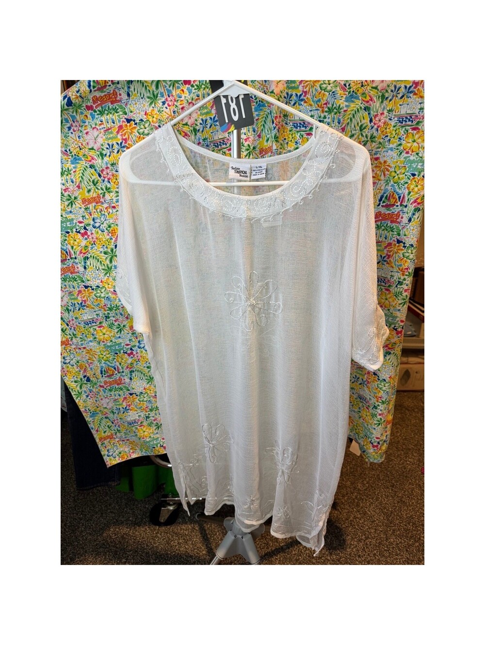 181 Indian Tropical Fashion White Sheer Floral Embroidered Tunic Coverup L/XL